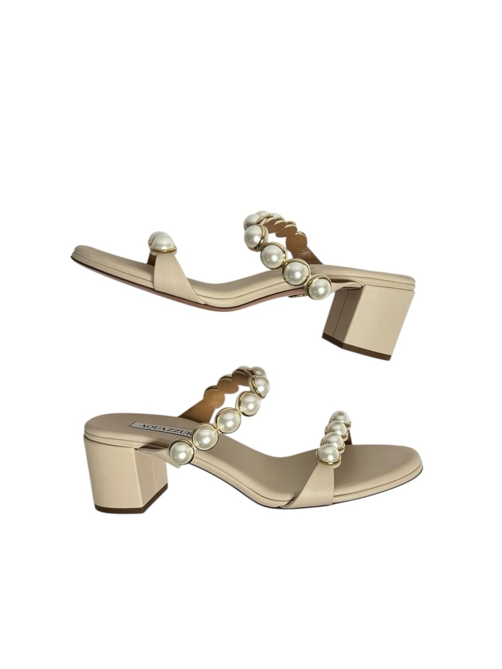 Aquazzura | Pearl Strap Block Heel Sandals in Nude Beige 39